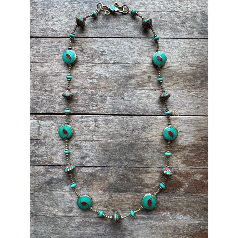 Vintage Tibetan Turquoise Coral Bead Necklace Brass Ethnic Boho Statement